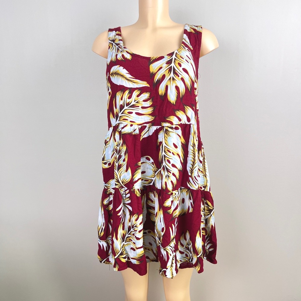 Gold Garnet Mini Dress M Tropical Leaf Tiered Rayon Red Boho FSU Seminole Beach